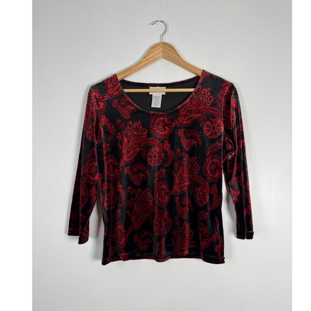 Whimsigoth Worthington Womens Medium Blouse Red Black Paisley Velvet 3/4 Sleeve